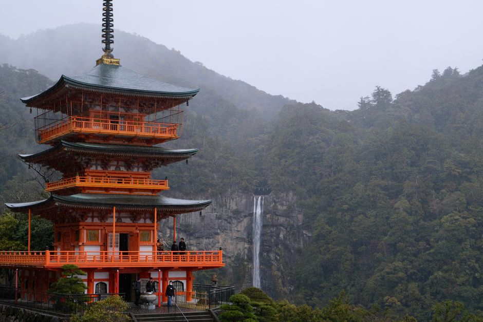 Nachi waterfall falling 133 meters through green forest, seen from the Seiganto-ji viewing platform